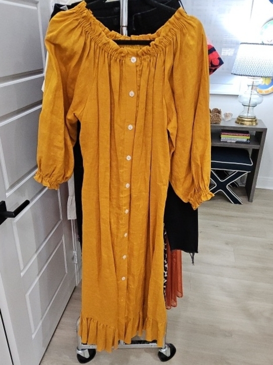 Sleeper Dresses & Skirts - Sleeper Mustard Yellow Off-Shoulder Button-Front Maxi Dress